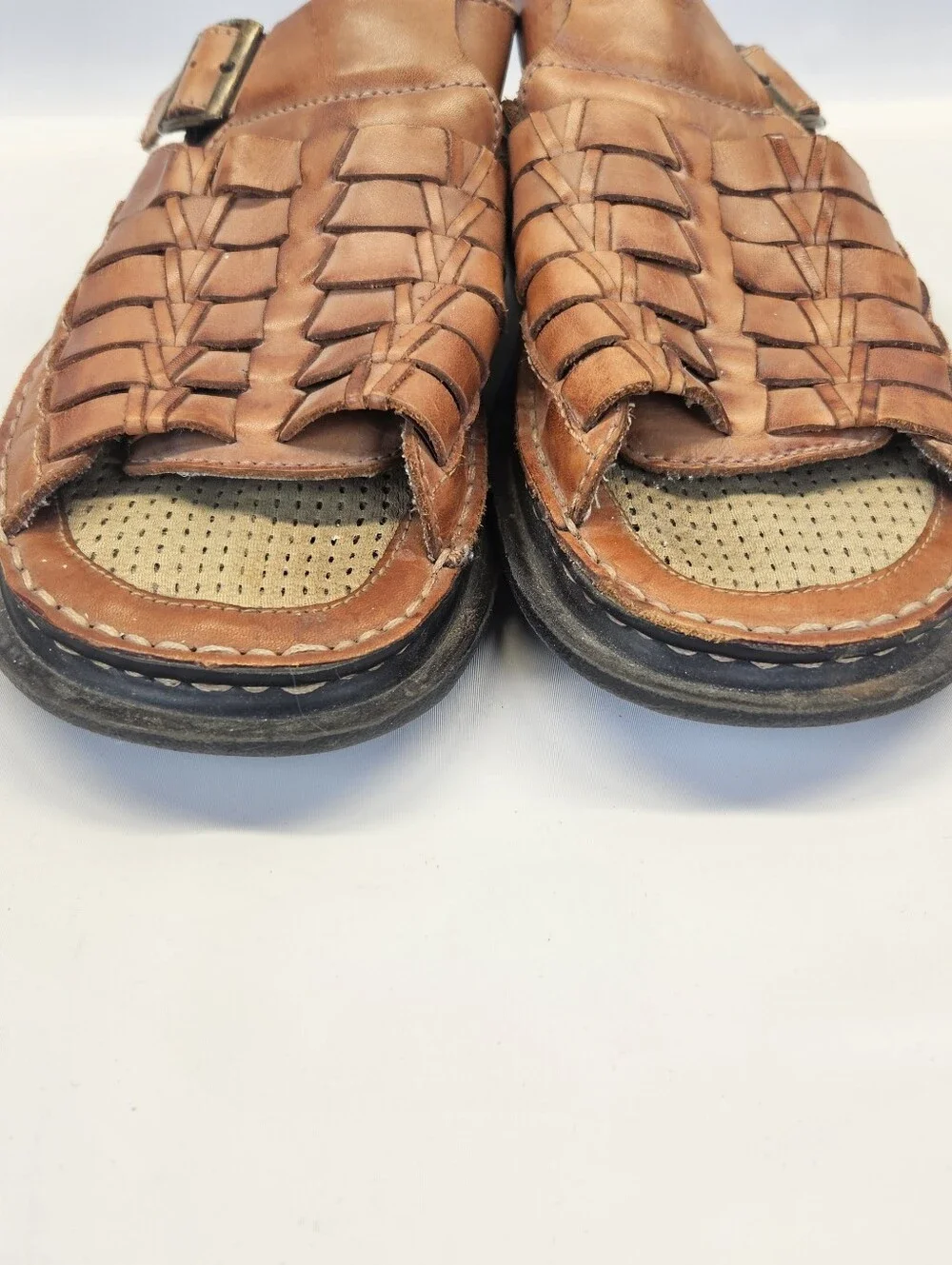 Vintage Y2k Brown Leather Chunky Sandals Basket Weave Mens 9 Slip On Slide